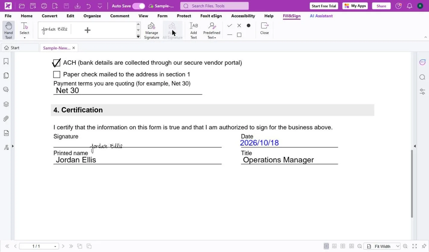 The signed form after Apply All Signature, with the button greyed out