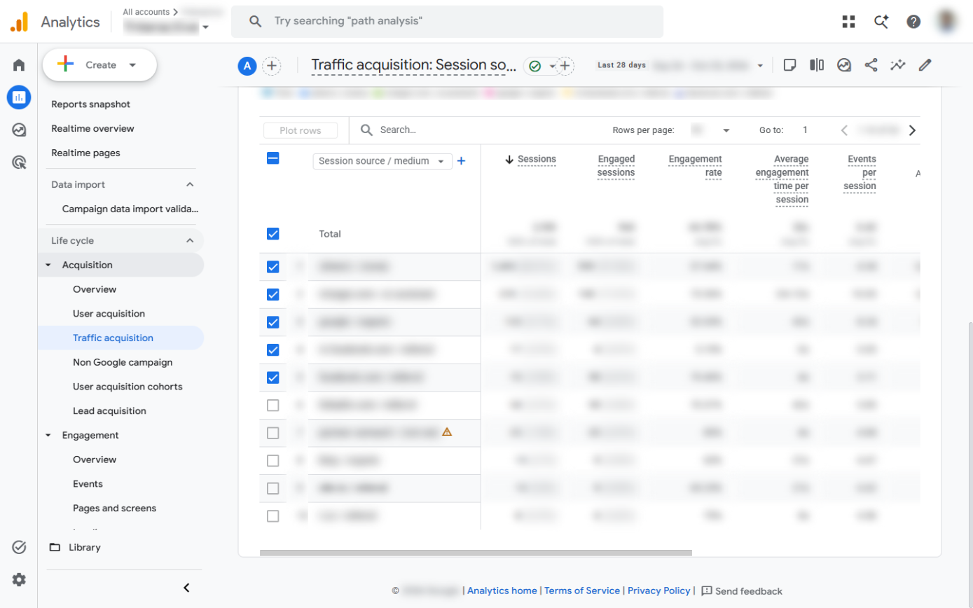 GA4 Reports menu with Engagement expanded: Overview, Events, Pages and screens