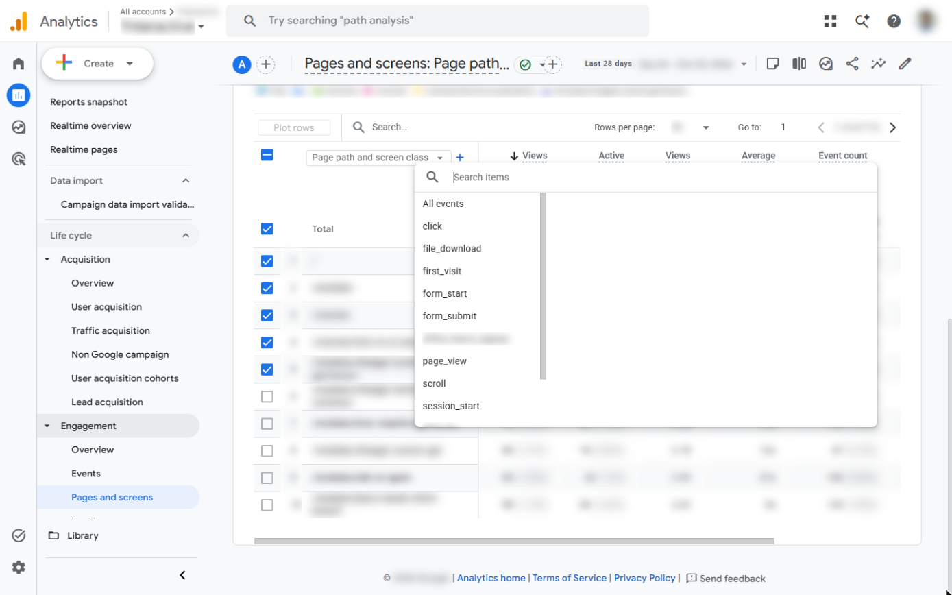 GA4 Event count column event picker listing click, file_download, first_visit, form_start, form_submit