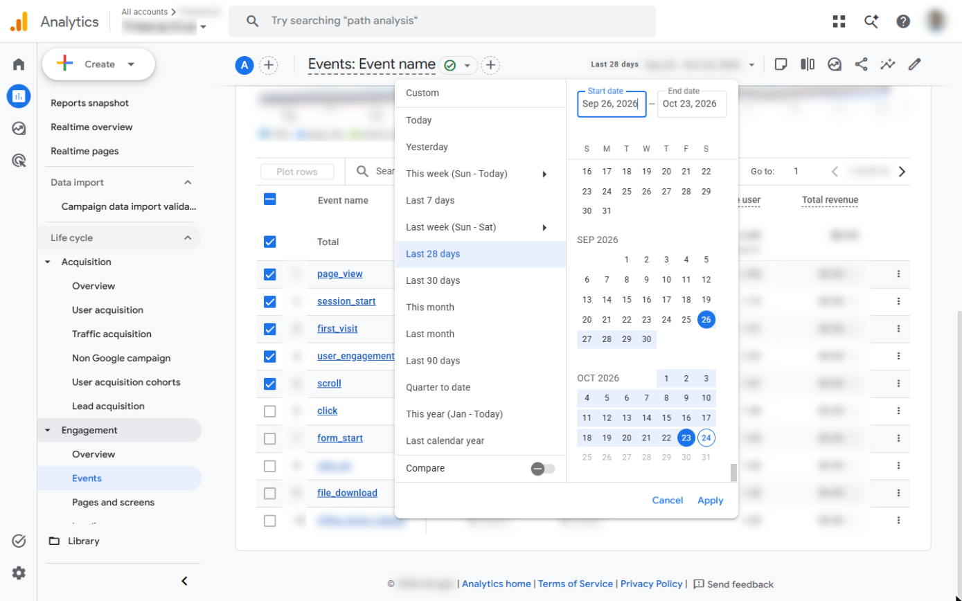 GA4 date range picker with Last 28 days, Last 90 days and a calendar