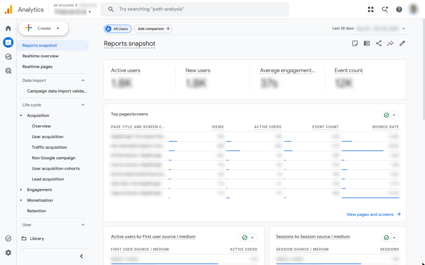 GA4 Reports menu with Acquisition expanded: Overview, User acquisition, Traffic acquisition