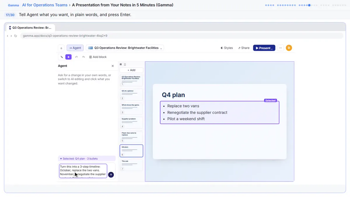 The Gamma editor in AI editing mode with the Agent chat open on the left and the Q4 plan bullets selected on the slide