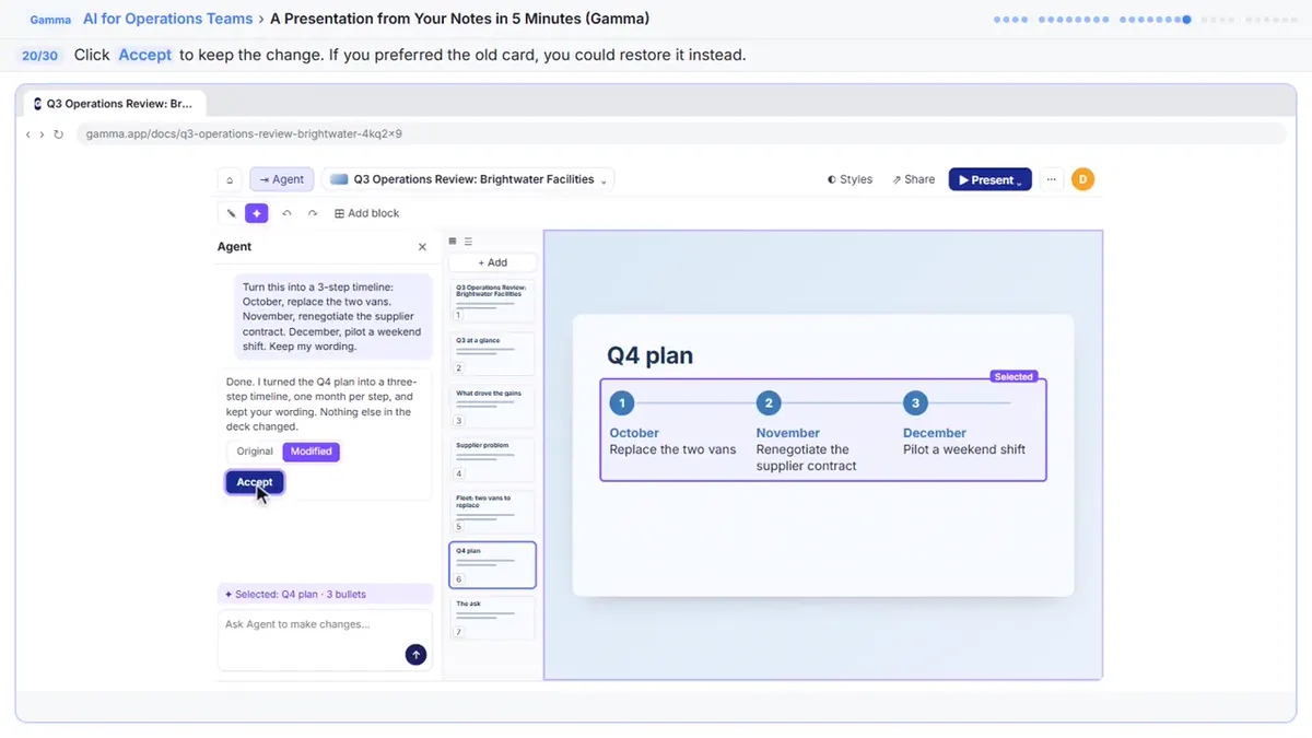 Gamma's Agent turned the Q4 plan bullets into a three-step October, November, December timeline, with the Original and Modified toggle and an Accept button