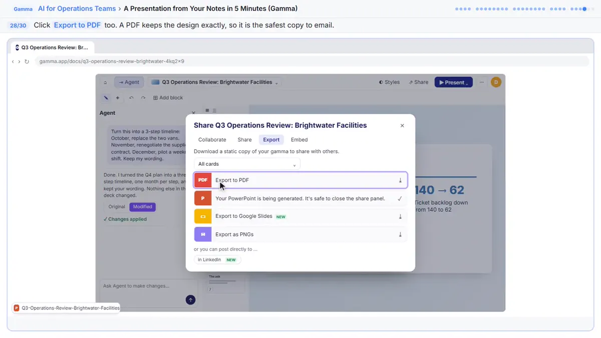 Gamma's Export panel with Export to PDF, Export to PowerPoint, Export to Google Slides and Export as PNGs, the PowerPoint file already generating