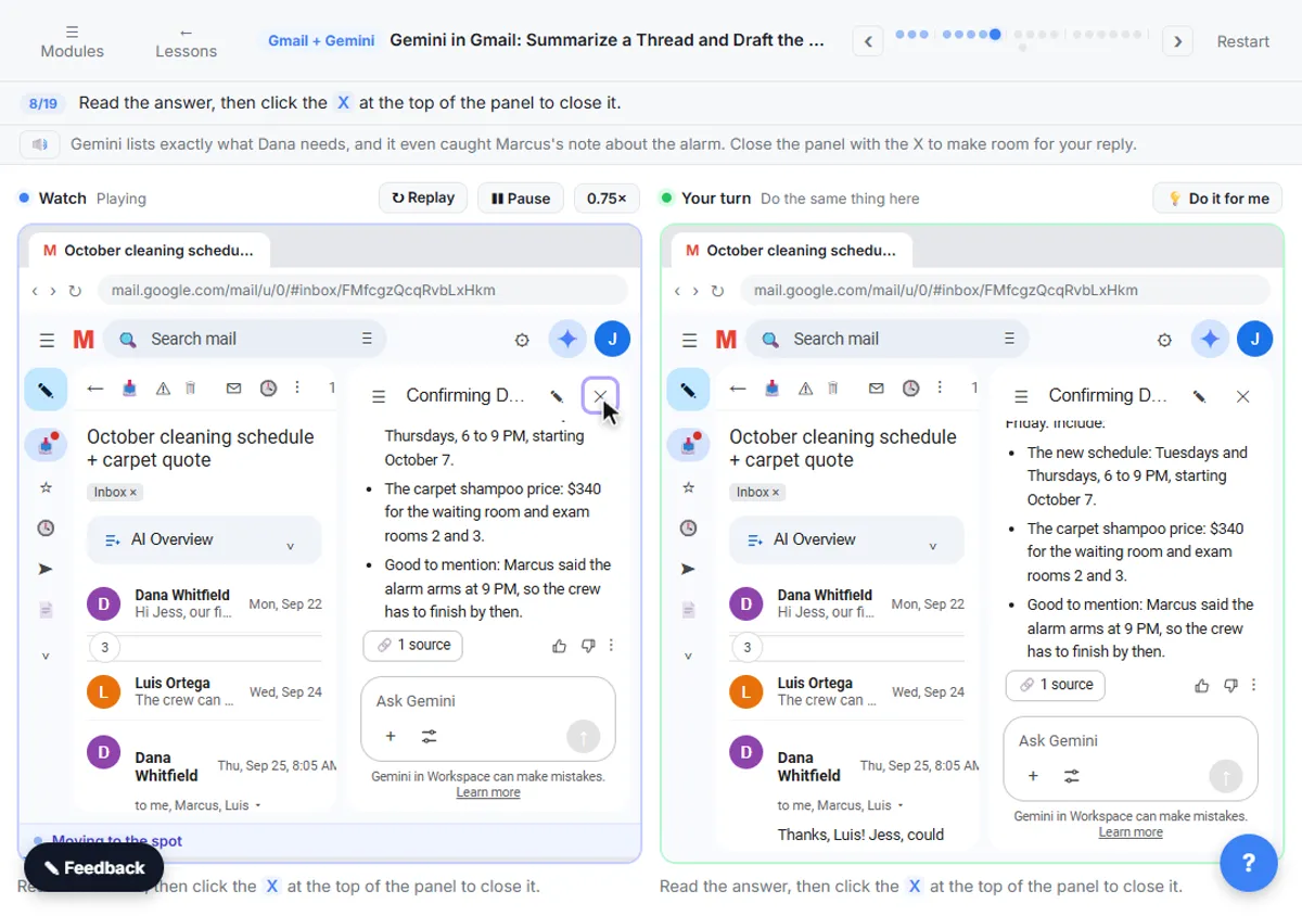 Ask Gemini side panel in Gmail answering what the customer needs, with a cited source