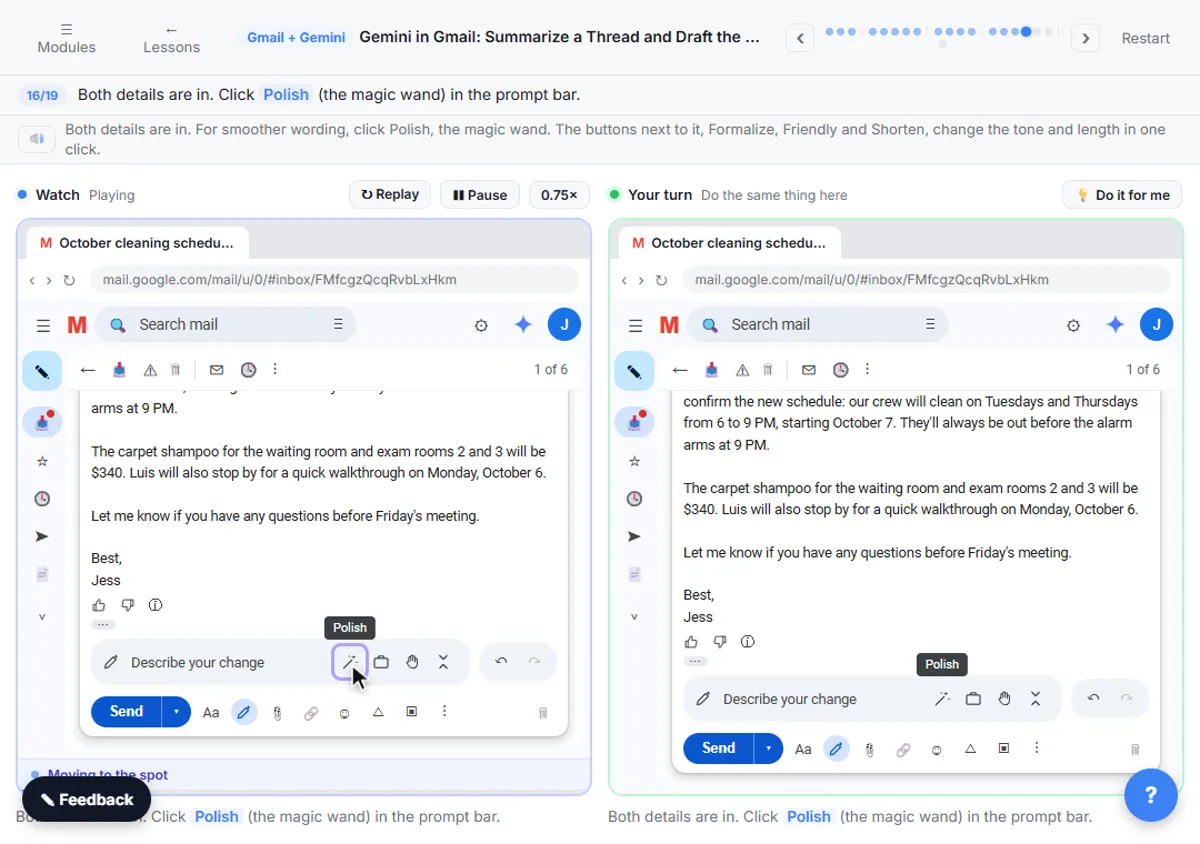 Gemini-drafted Gmail reply with the Polish magic wand button highlighted in the prompt bar