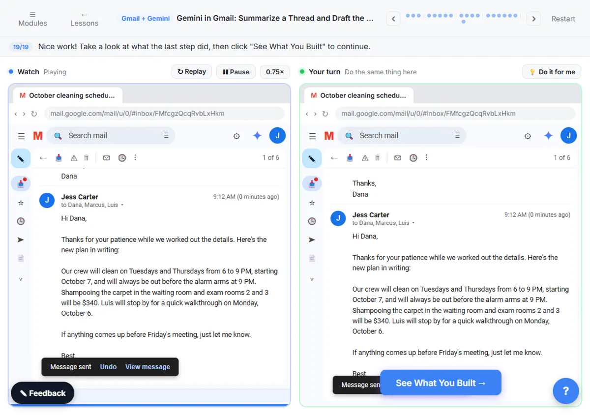 Polished Gemini reply sent in Gmail, confirming the cleaning schedule, carpet price and walkthrough