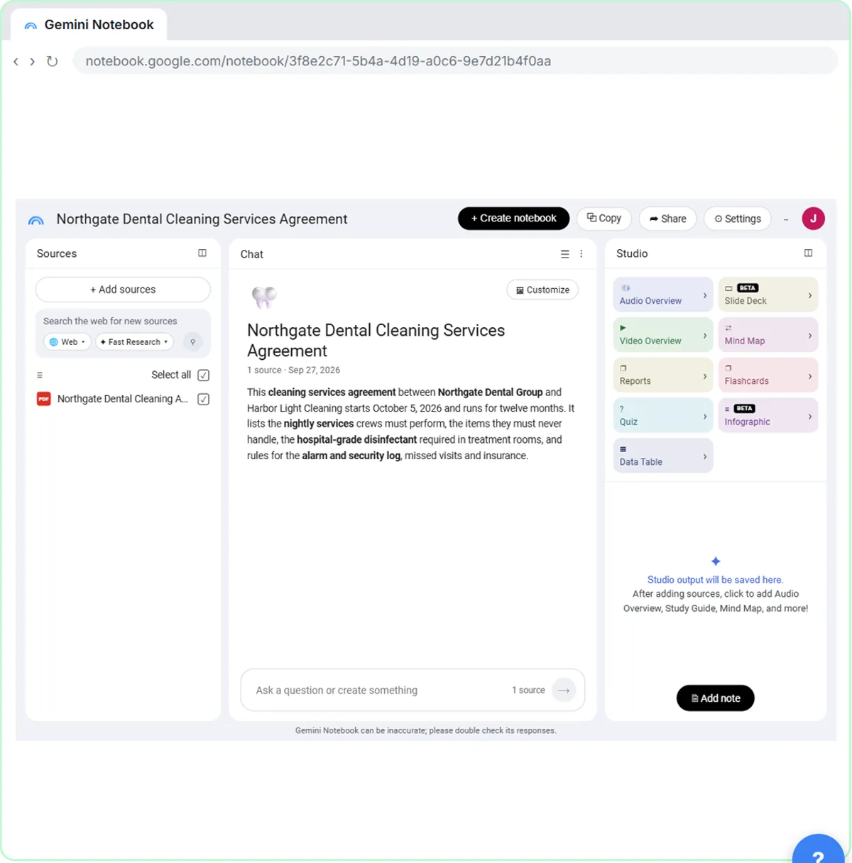 NotebookLM notebook summarizing an uploaded cleaning services agreement PDF