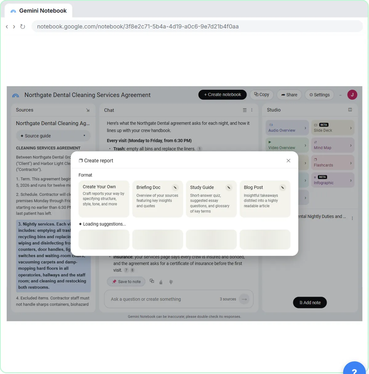 NotebookLM Create report menu with Briefing Doc, Study Guide and Blog Post formats