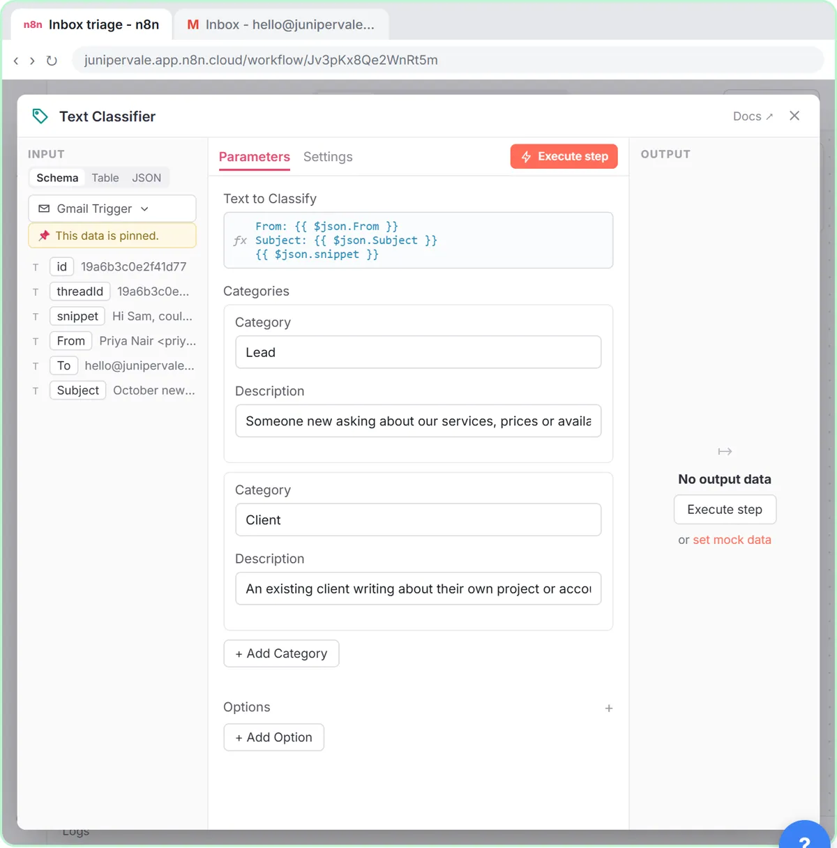 The Text Classifier with the sender, subject and snippet as Text to Classify and the Lead and Client categories with one-line descriptions