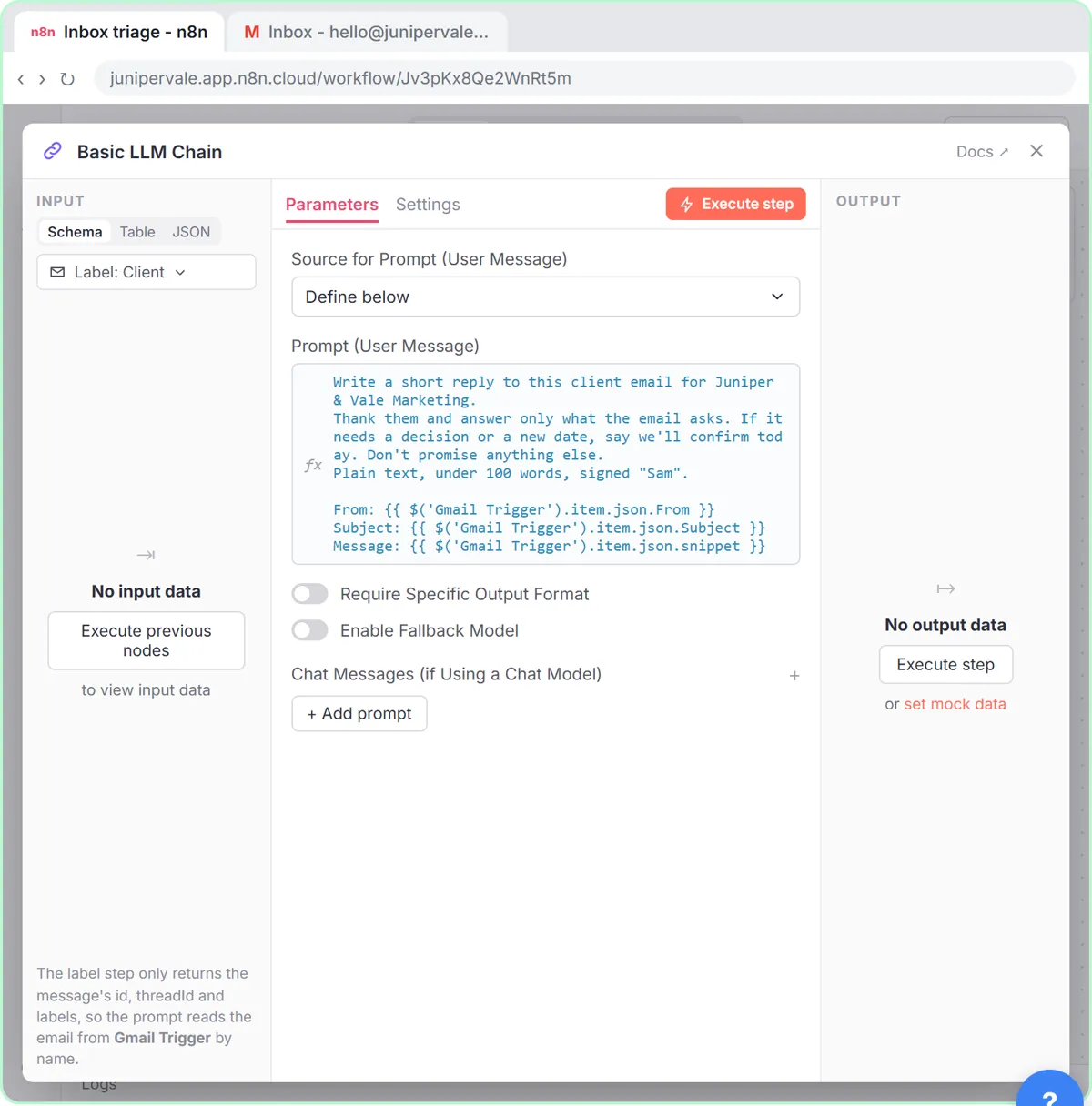 The Basic LLM Chain with Source for Prompt set to Define below and a prompt that reads the client email from the Gmail Trigger