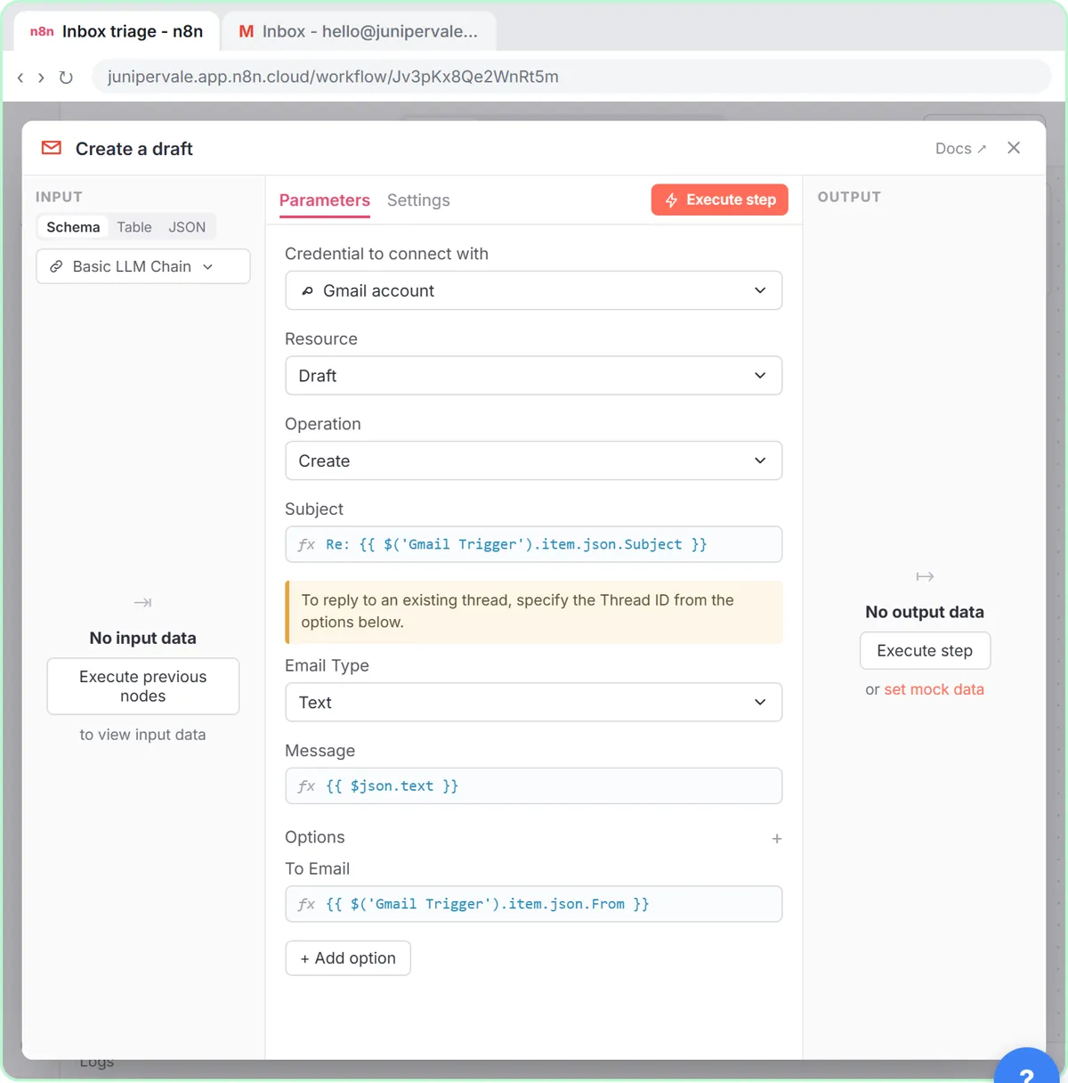 Gmail Create a draft with a Re: subject, the chain's reply as the message and To Email set to the original sender