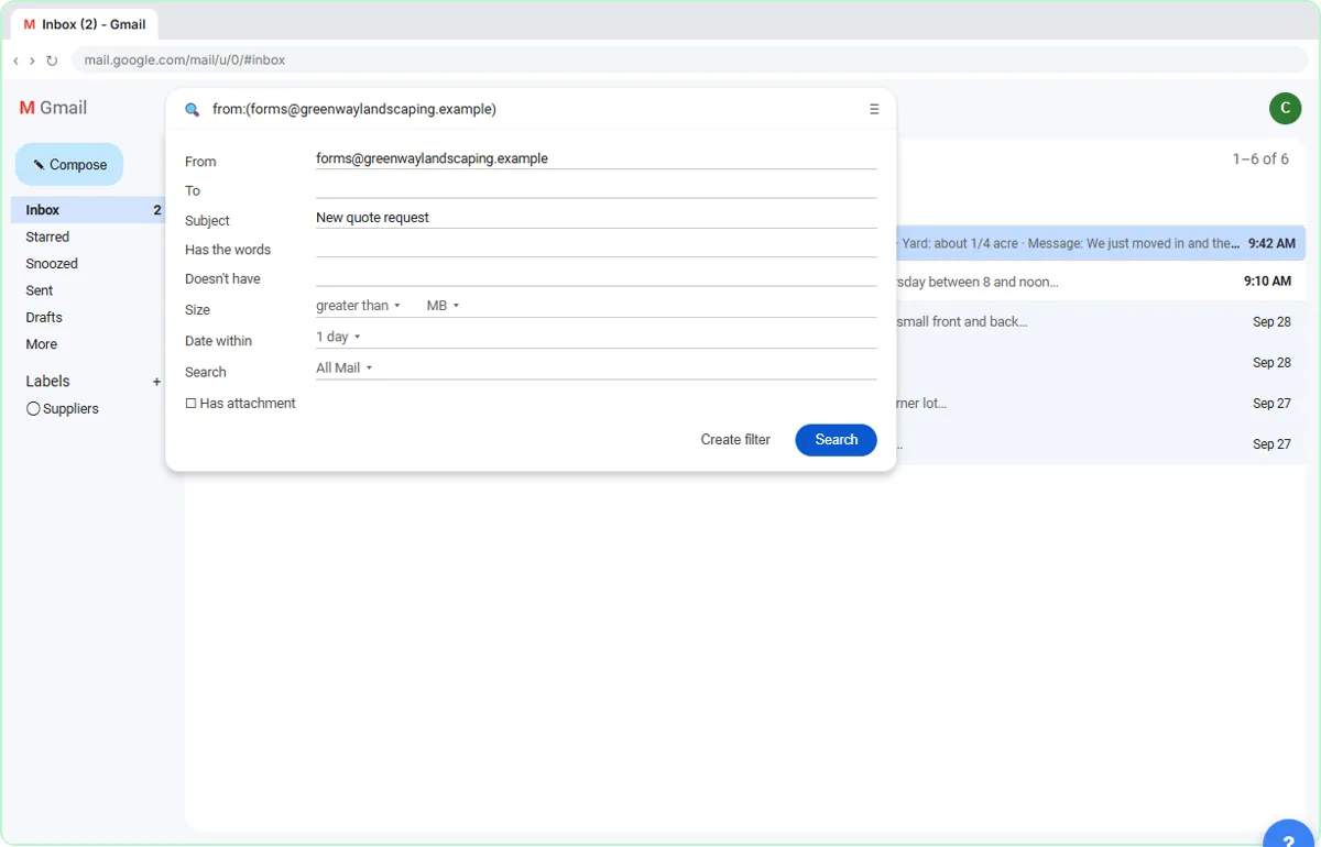Gmail search options filled in from an email: From the website form address and Subject New quote request, with Create filter