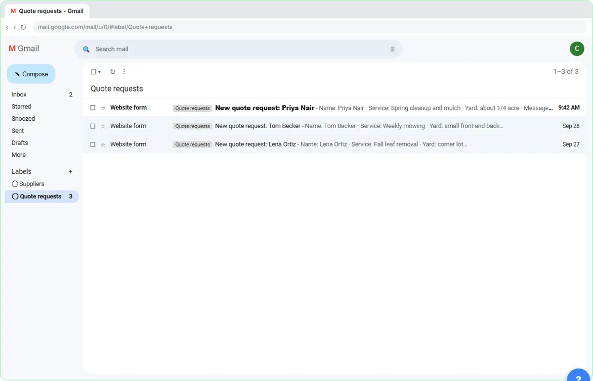 Gmail Quote requests label listing three website quote requests