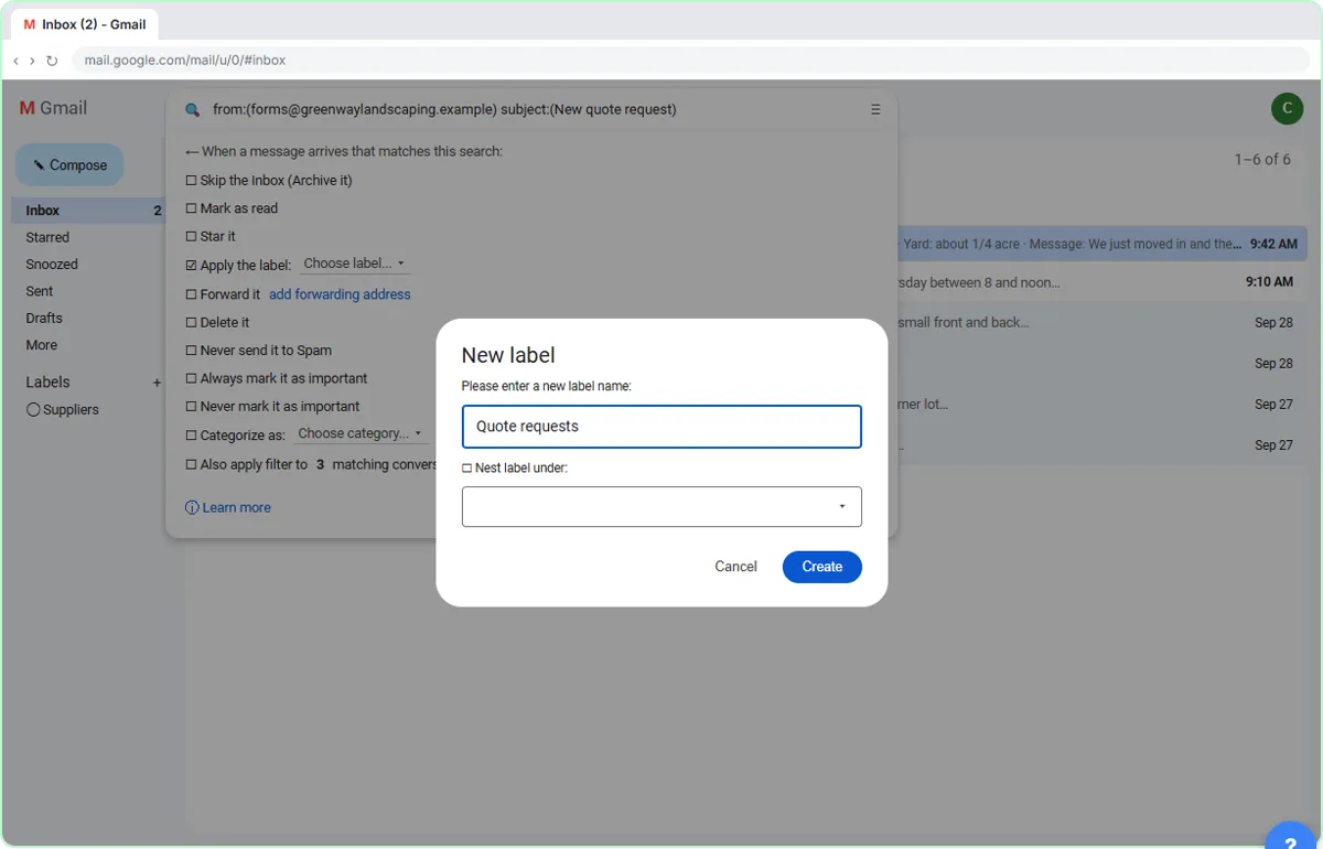 Gmail New label dialog with the name Quote requests and a Create button