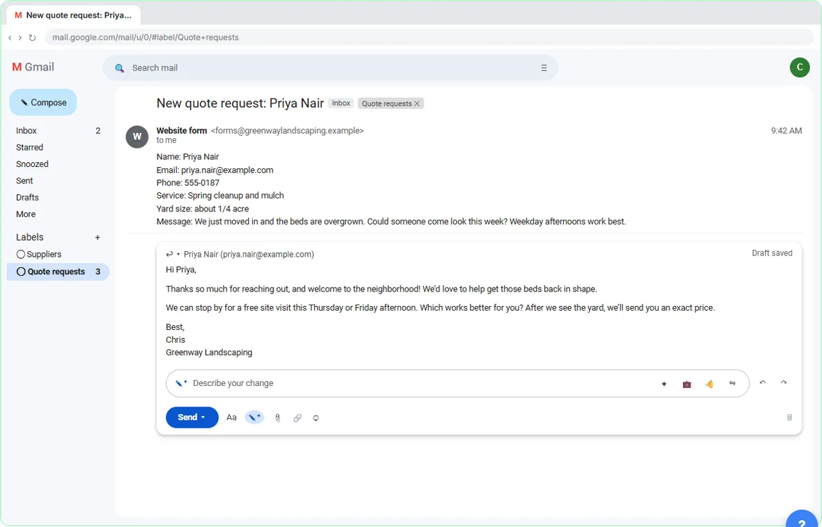 The corrected Gmail reply offering a free site visit on Thursday or Friday afternoon with no price, ready to send