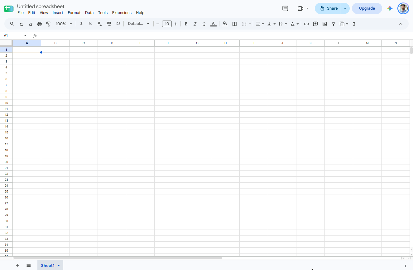 A new, blank Google Sheets spreadsheet titled Untitled spreadsheet