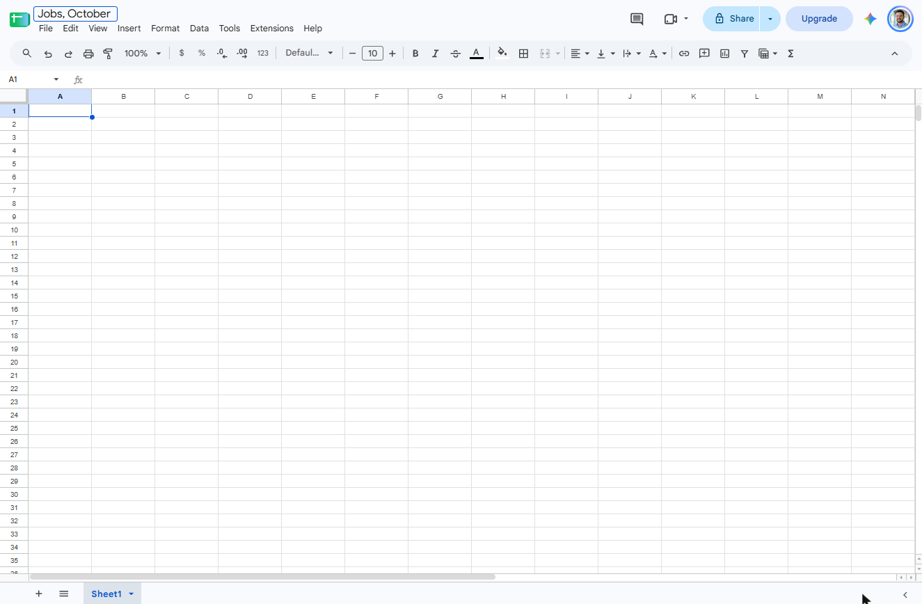 Google Sheets title box with the new name Jobs, October typed in