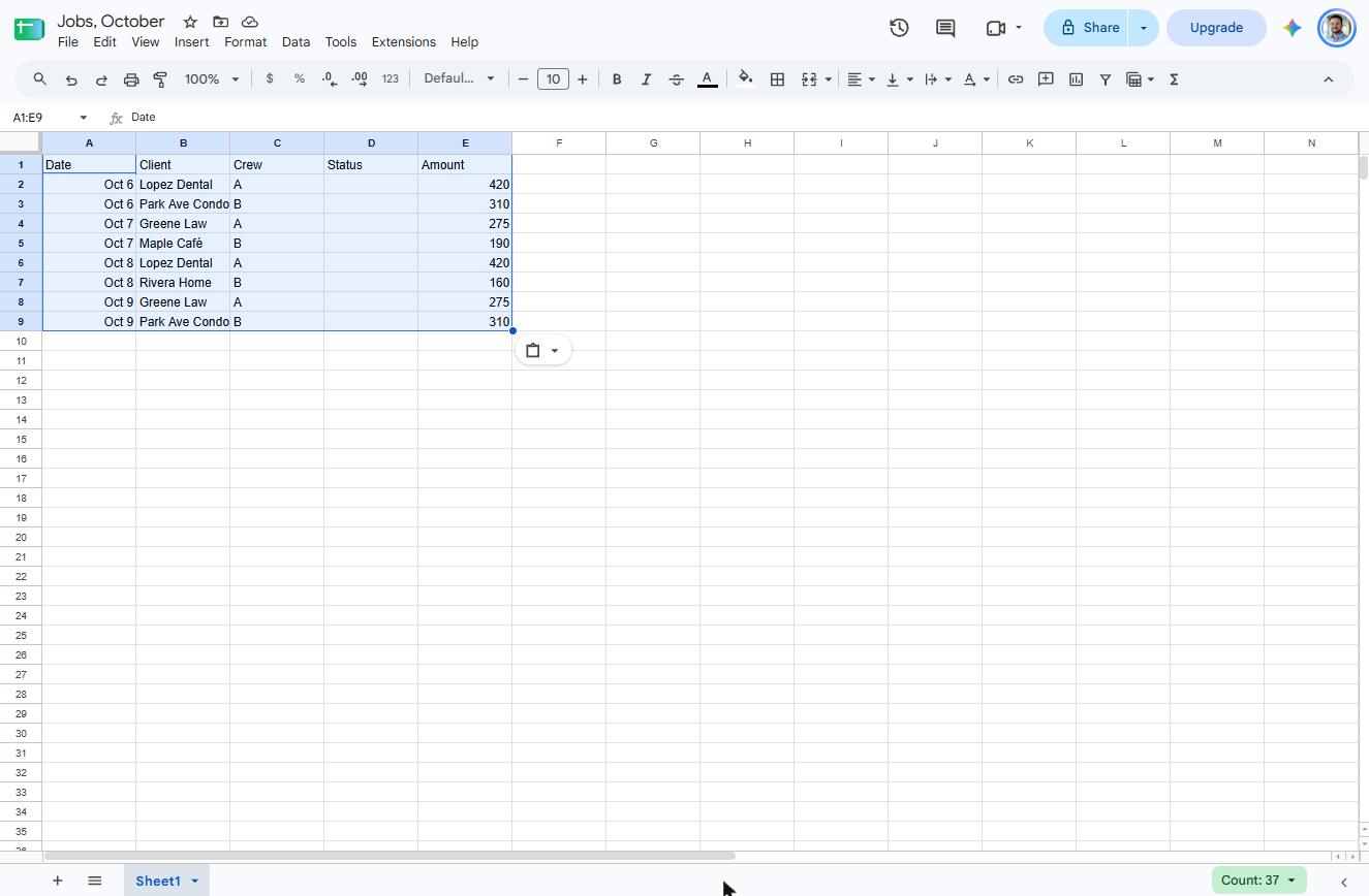 Eight cleaning jobs pasted into Google Sheets: Date, Client, Crew, Status and Amount columns