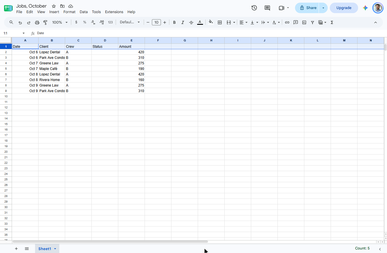 Row 1, the header row, selected in the Google Sheets job tracker