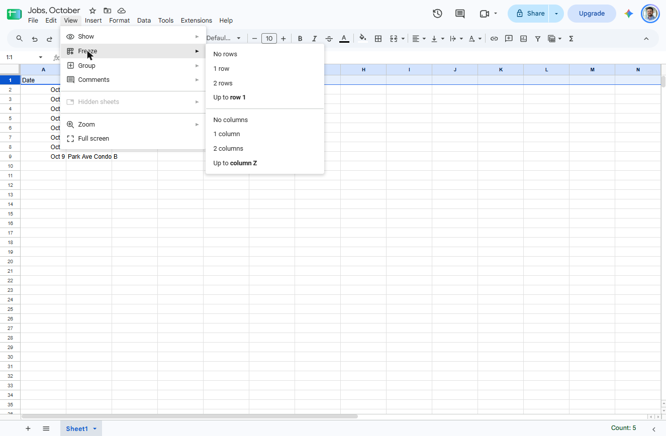 Google Sheets View, Freeze submenu with No rows, 1 row and 2 rows