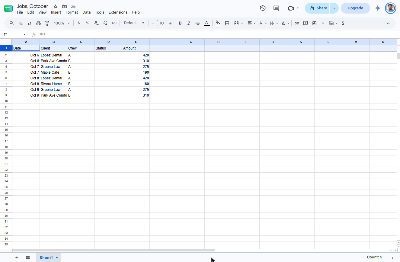 Google Sheets job tracker with the header row frozen under a thick grey line