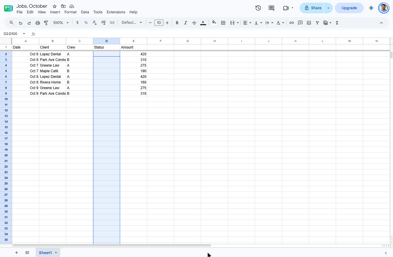 Status cells D2 to D100 selected in Google Sheets