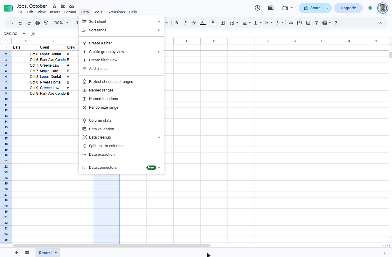 Google Sheets Data menu open with Data validation and Create filter view