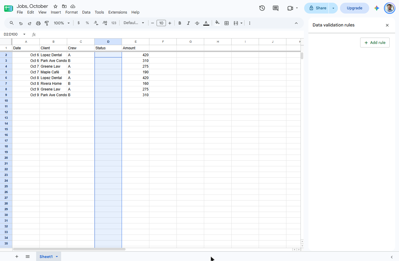 Google Sheets Data validation rules panel with an Add rule button