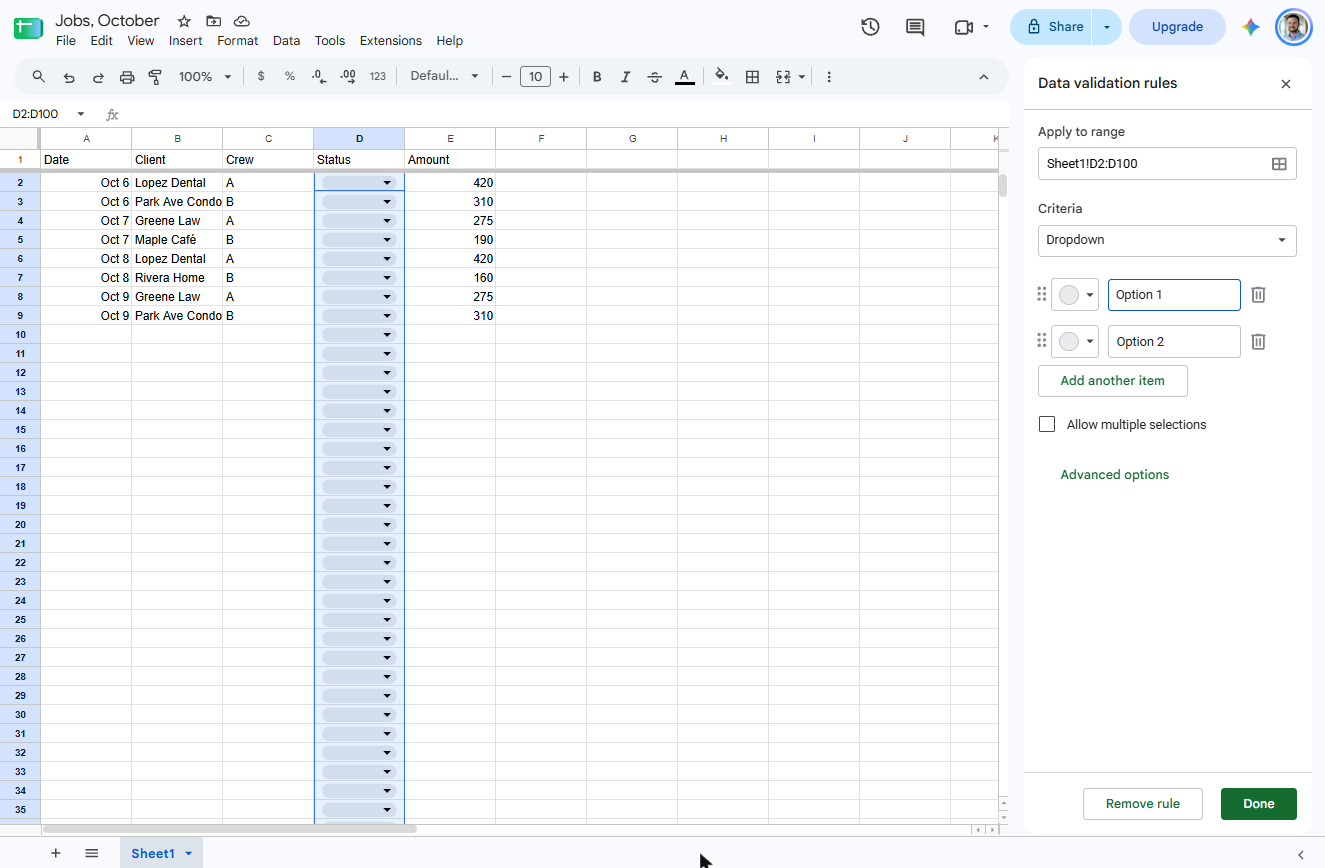 New data validation rule in Google Sheets: range Sheet1!D2:D100, criteria Dropdown, Option 1 and Option 2