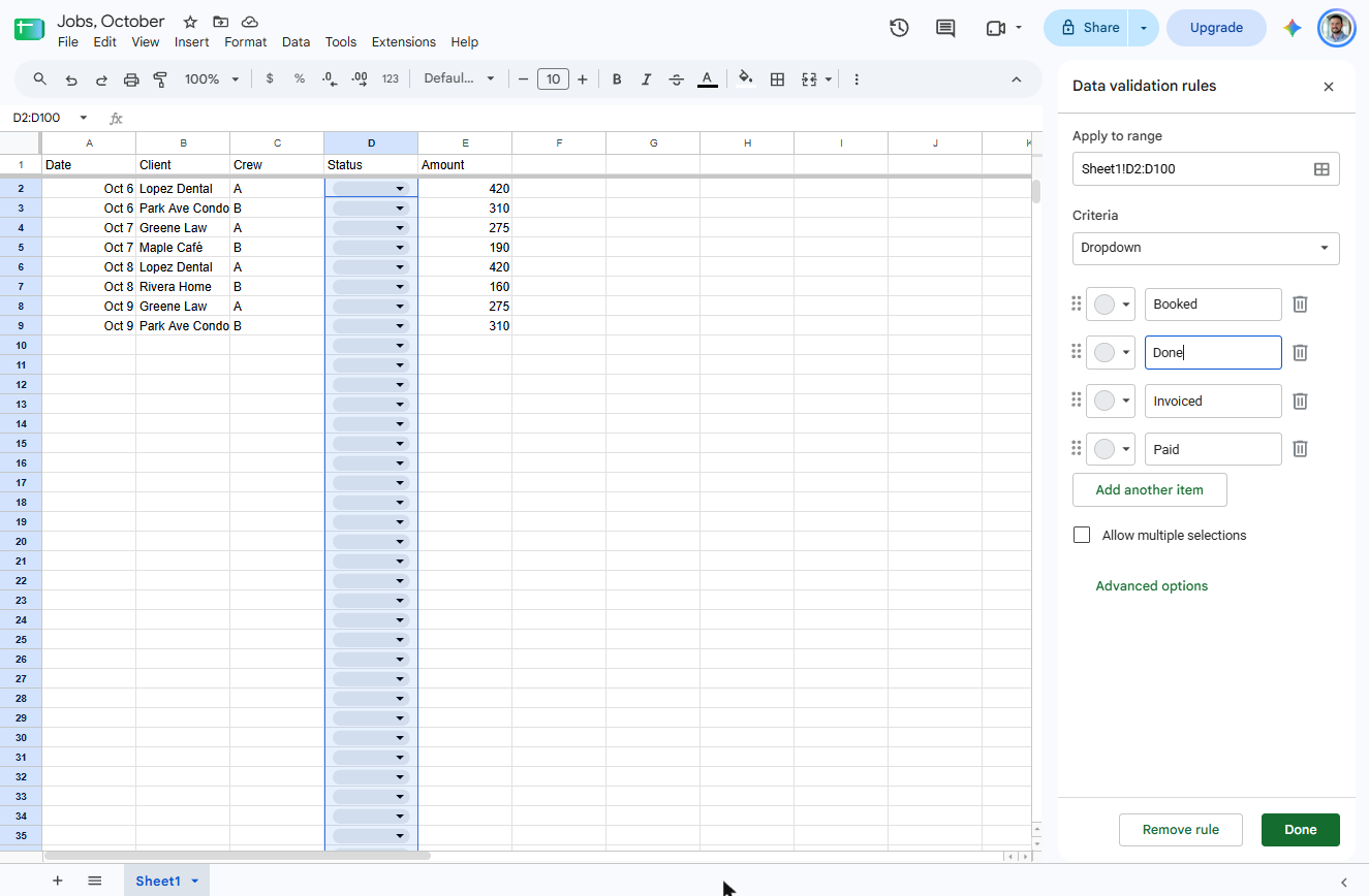 Google Sheets drop-down rule with four options: Booked, Done, Invoiced and Paid