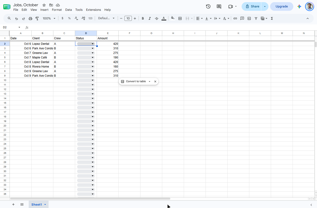 Drop-down chips in every Status cell of the Google Sheets job tracker