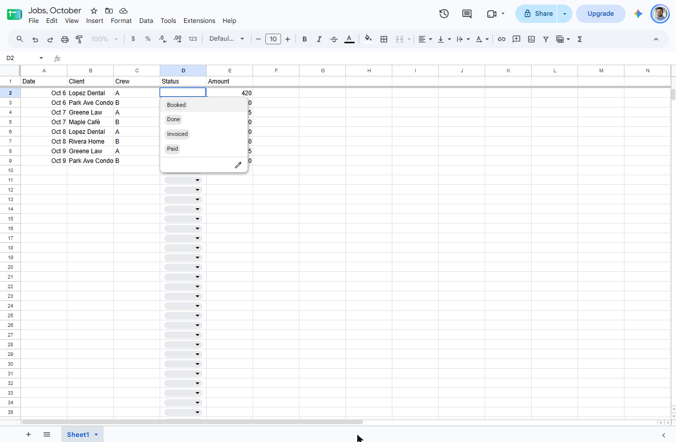 Status drop-down open in cell D2 showing Booked, Done, Invoiced and Paid