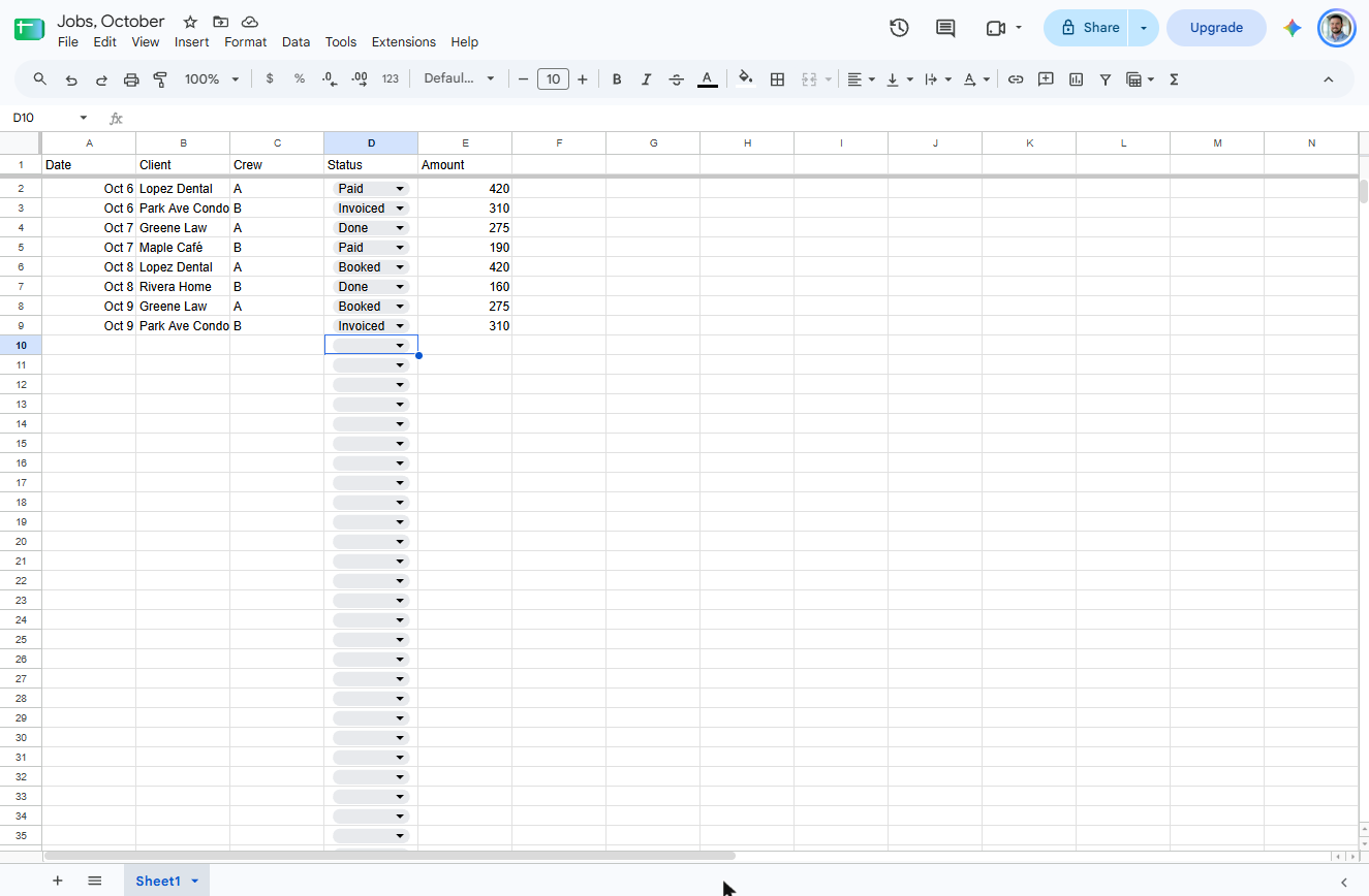 Google Sheets job tracker with a status picked for all eight jobs