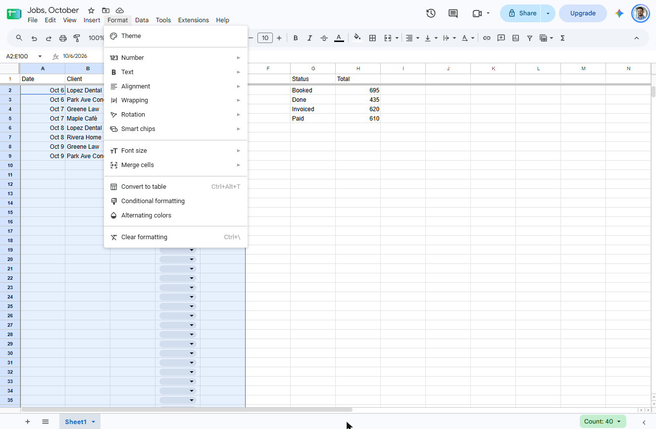 Google Sheets Format menu open with Conditional formatting