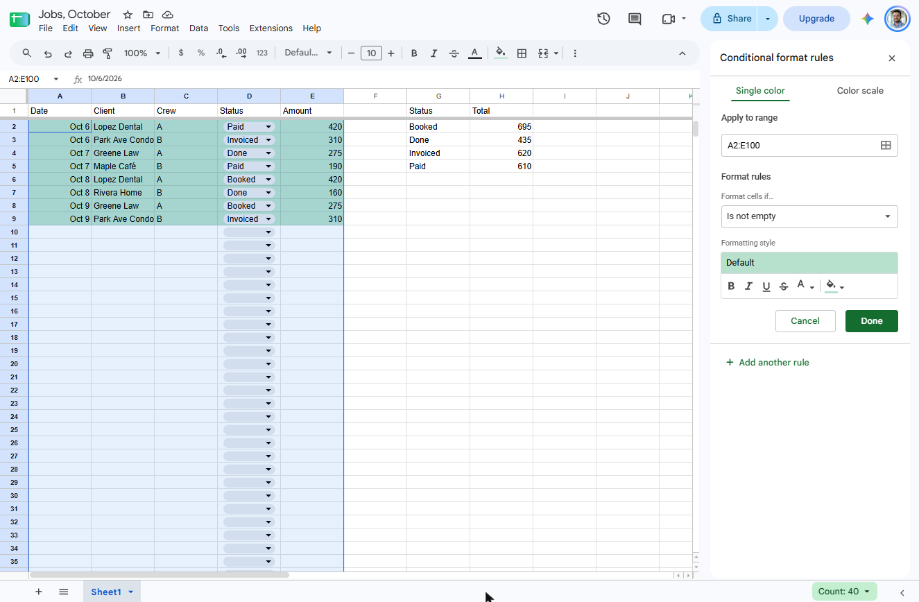 Google Sheets Conditional format rules panel with the default Is not empty rule