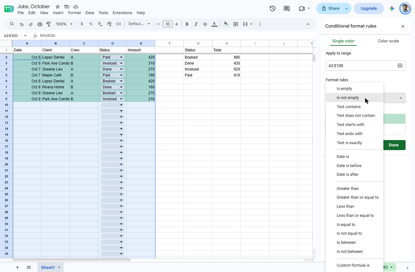 Google Sheets Format cells if list with Custom formula is at the bottom