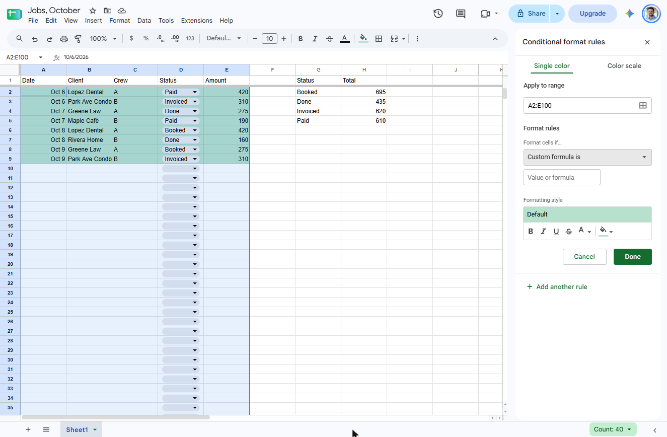 Custom formula is selected in Google Sheets conditional formatting, formula box empty