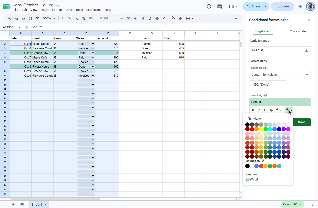 Google Sheets fill colour palette open in the conditional formatting rule
