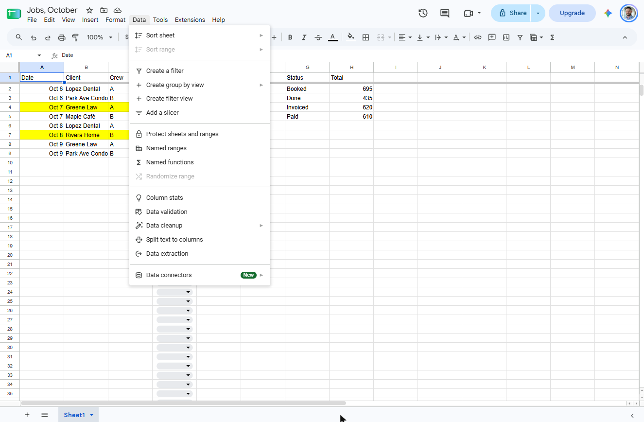 Google Sheets Data menu with Create filter view
