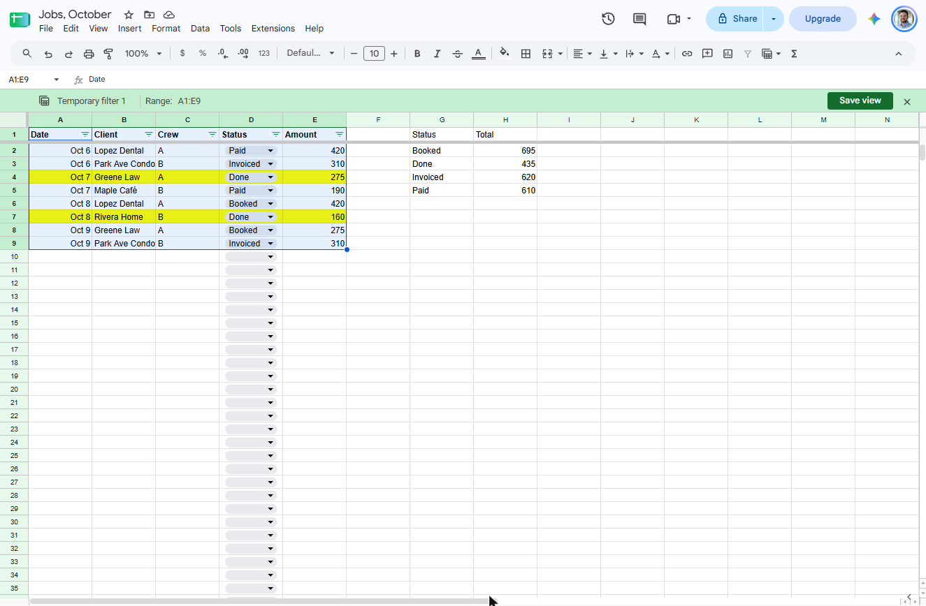 Temporary filter view in Google Sheets with filter icons on each header and a Save view button