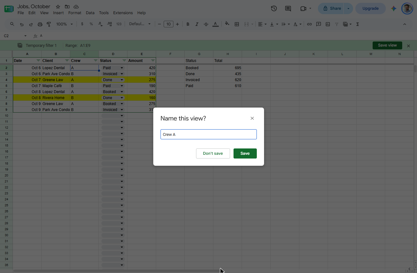 Name this view dialog in Google Sheets with Crew A typed