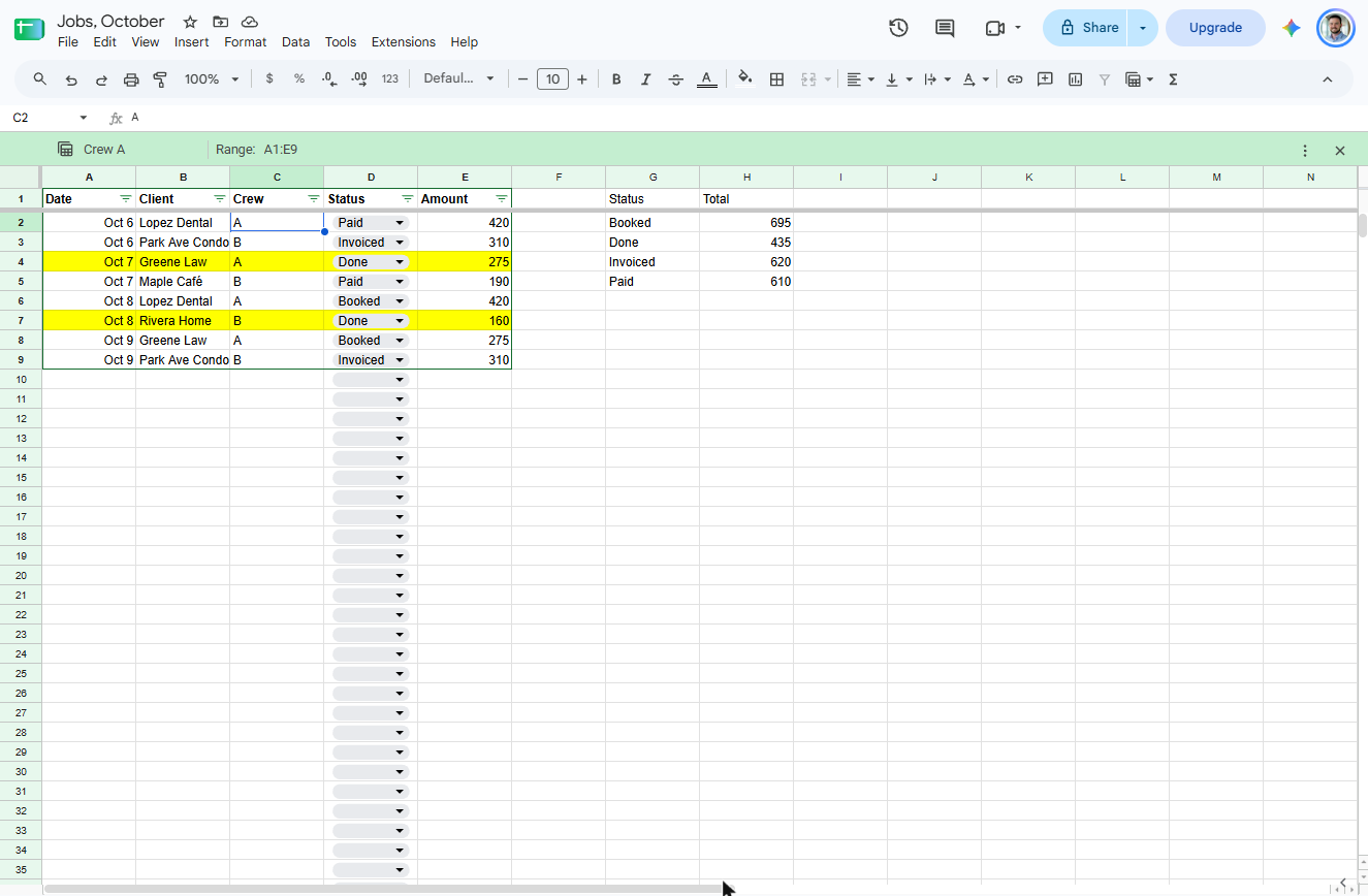 Saved Google Sheets filter view named Crew A