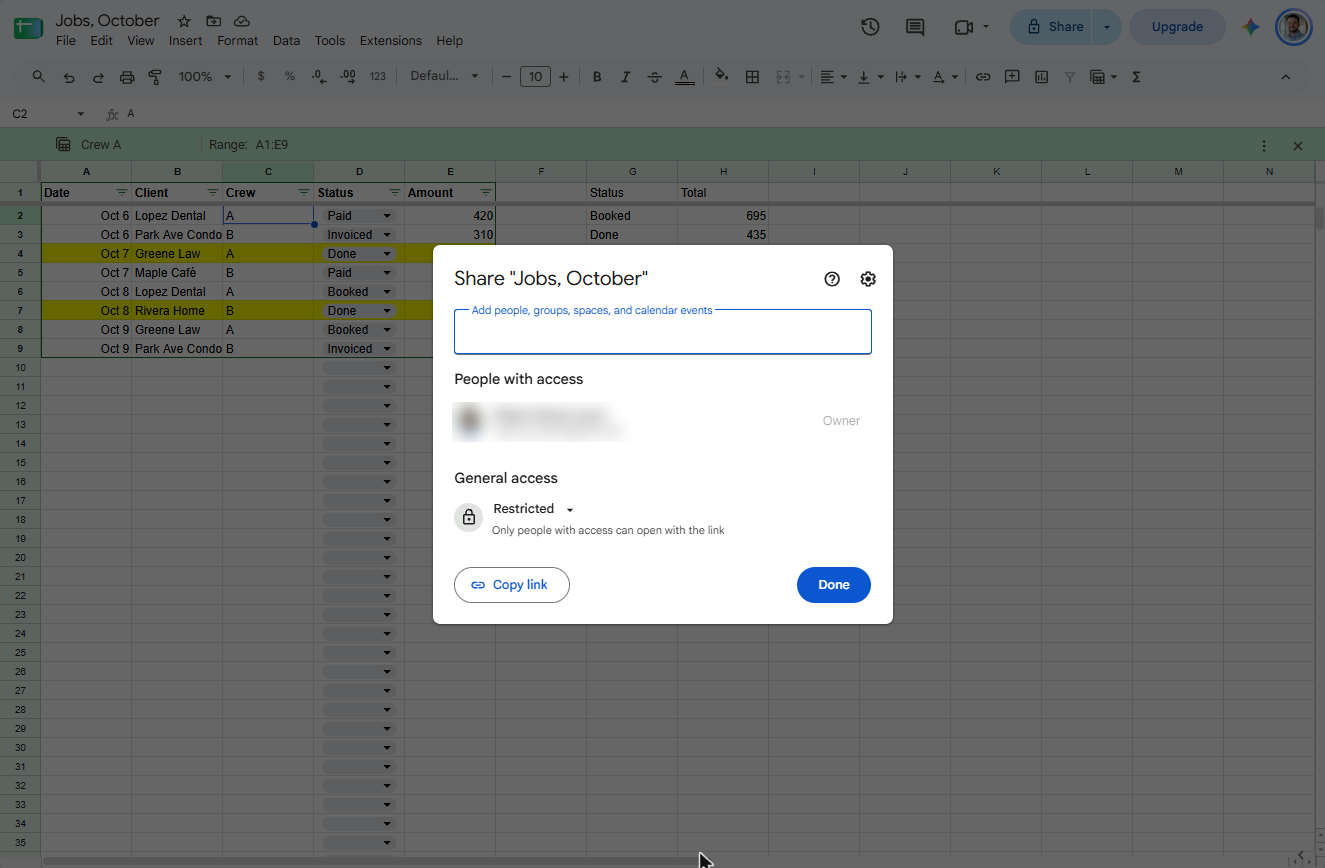 Google Sheets Share dialog with General access set to Restricted