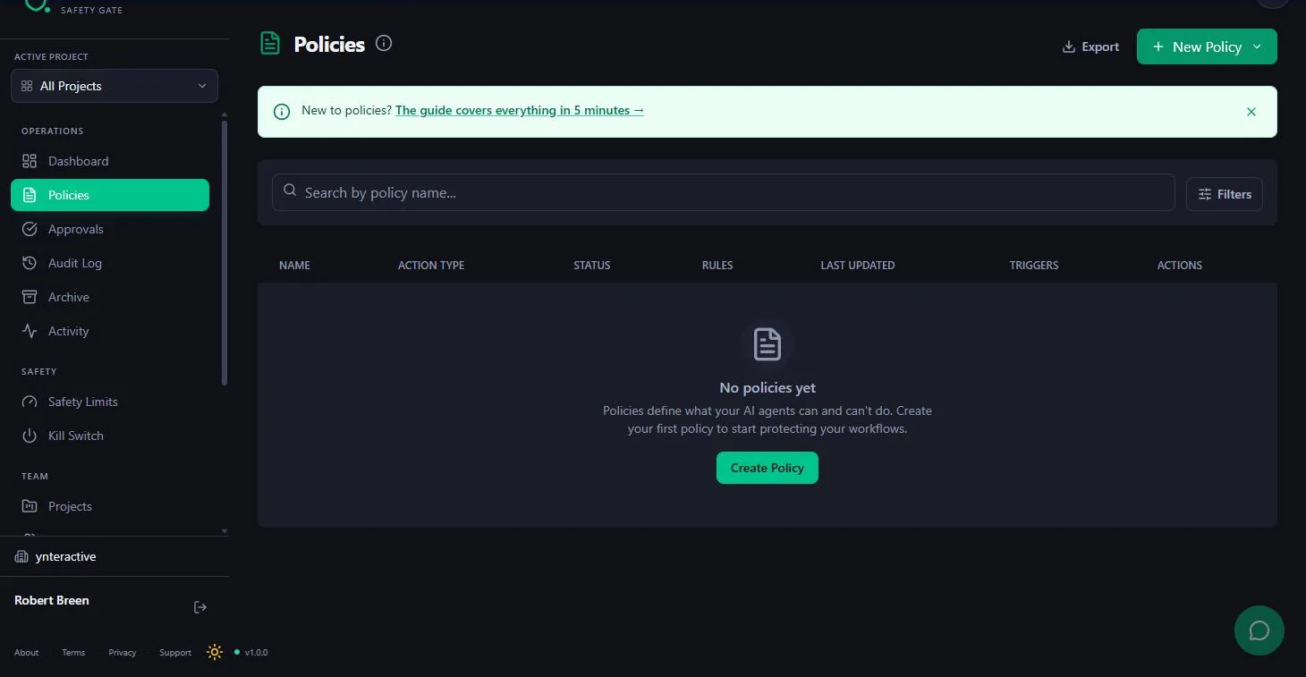 Guardian's Policies page with no policies yet and a New Policy button