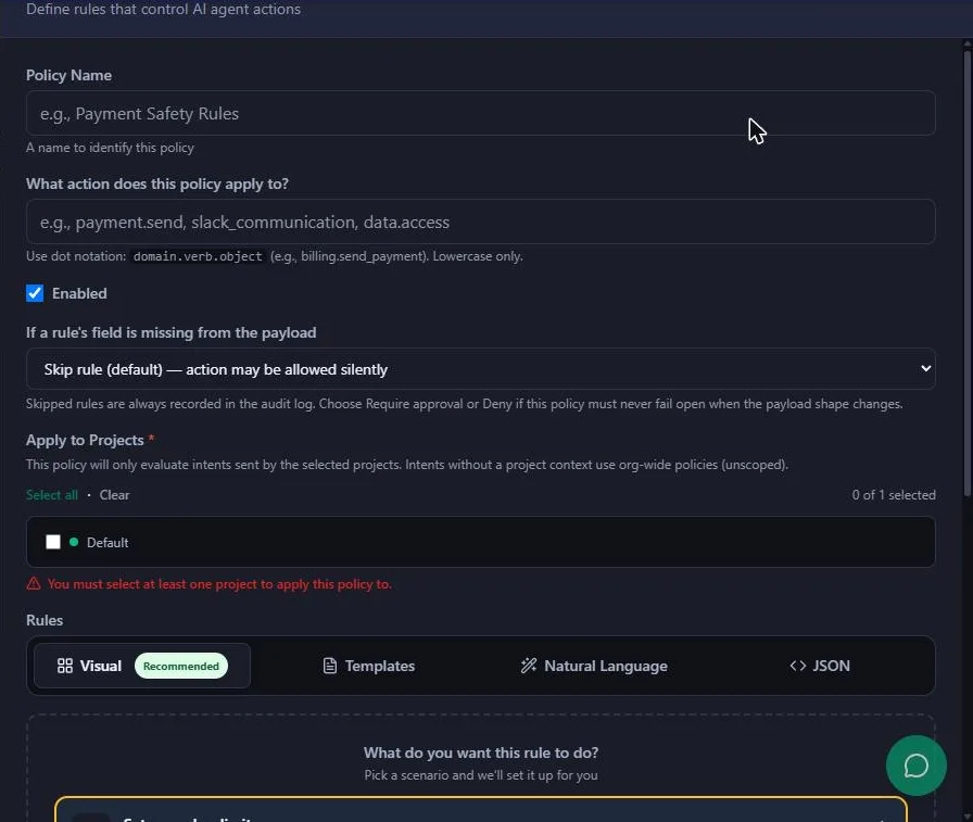 Guardian's new policy form: Policy Name, What action does this policy apply to?, Enabled, missing-field behavior and Apply to Projects with the Default project
