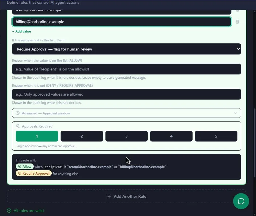 Guardian rule set to Require Approval when the recipient is not team@harborline.example or billing@harborline.example, with the reason fields and Approvals Required set to 1