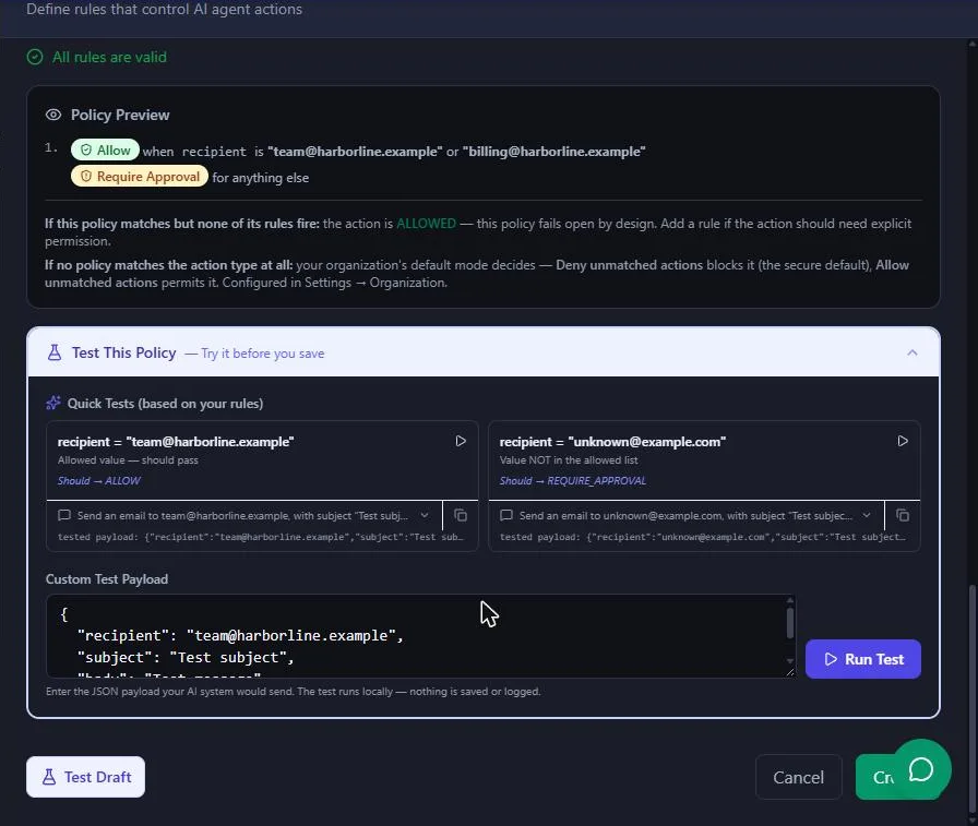Guardian's Test This Policy panel with Quick Tests and a Custom Test Payload, before running