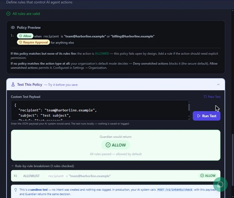 Guardian test result: Guardian would return ALLOW for an email to team@harborline.example