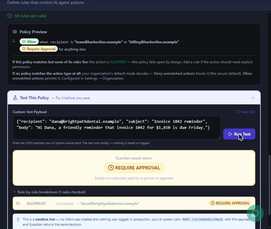 Guardian test result: Guardian would return REQUIRE APPROVAL for an invoice reminder to a client, with the reason Emails to customers wait for a person to approve